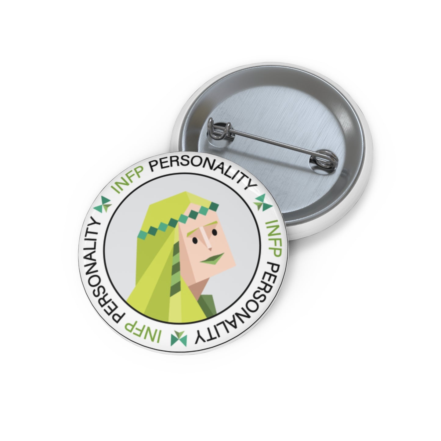 Colorful and playful pin buttons featuring INFP community logo, made from durable metal with a glossy mylar face.