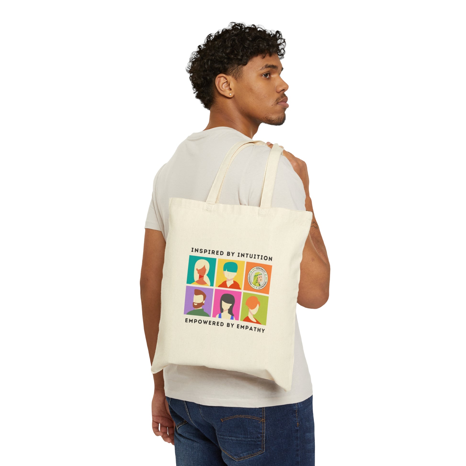 INFP Pride Cotton Canvas Tote Bag being carried, perfect for holding all your essentials during adventures or errands.